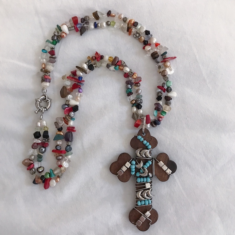 Wooden cross with mixed bead necklace